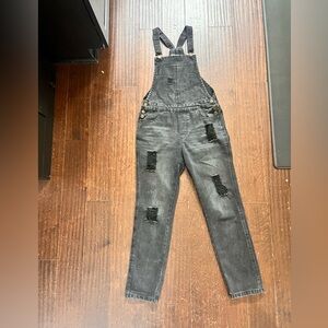 Black Straight Leg Distressed Denim Overalls